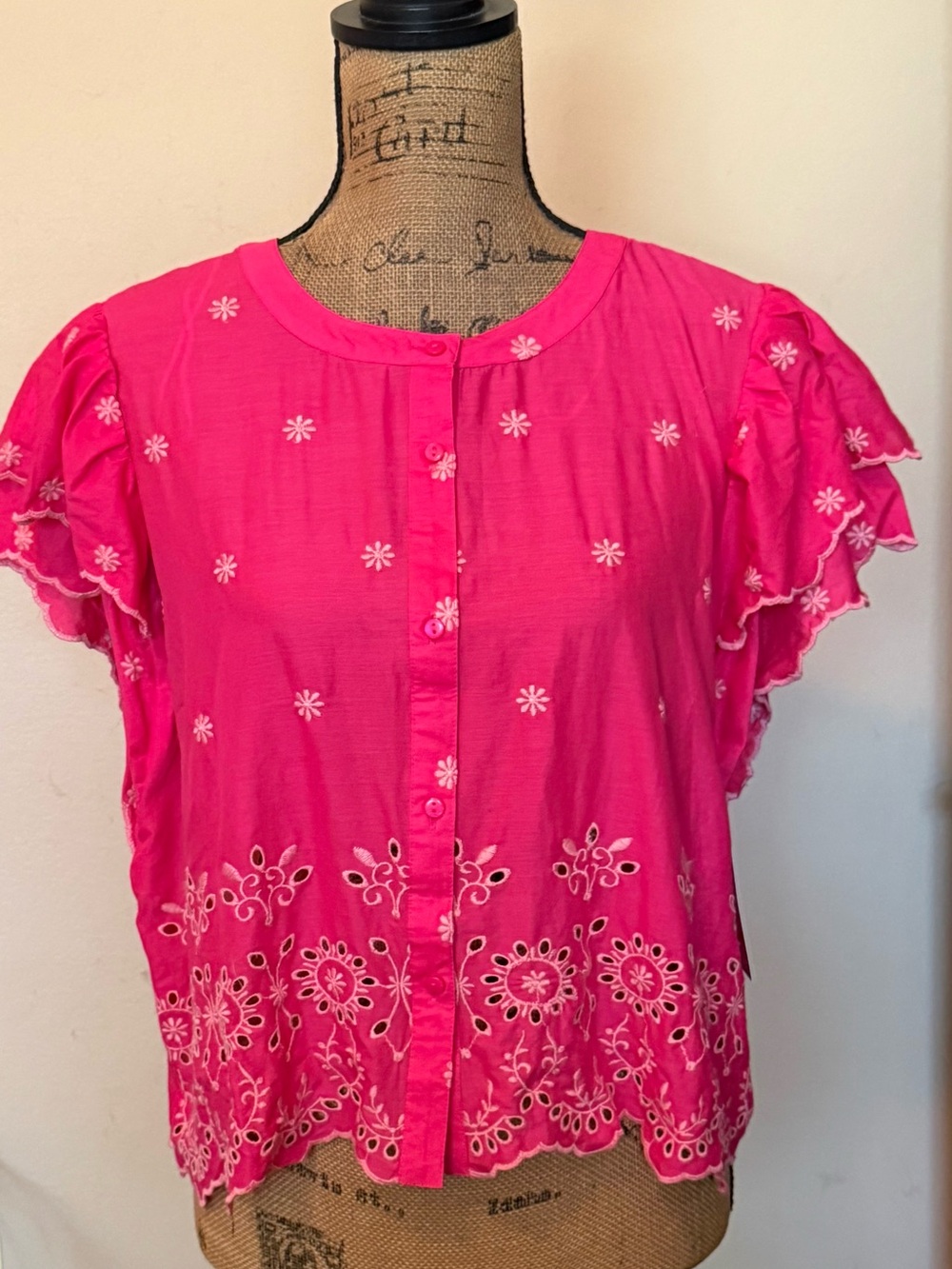 Women's Embroidered Flutter Sleeve Top - Hot Pink